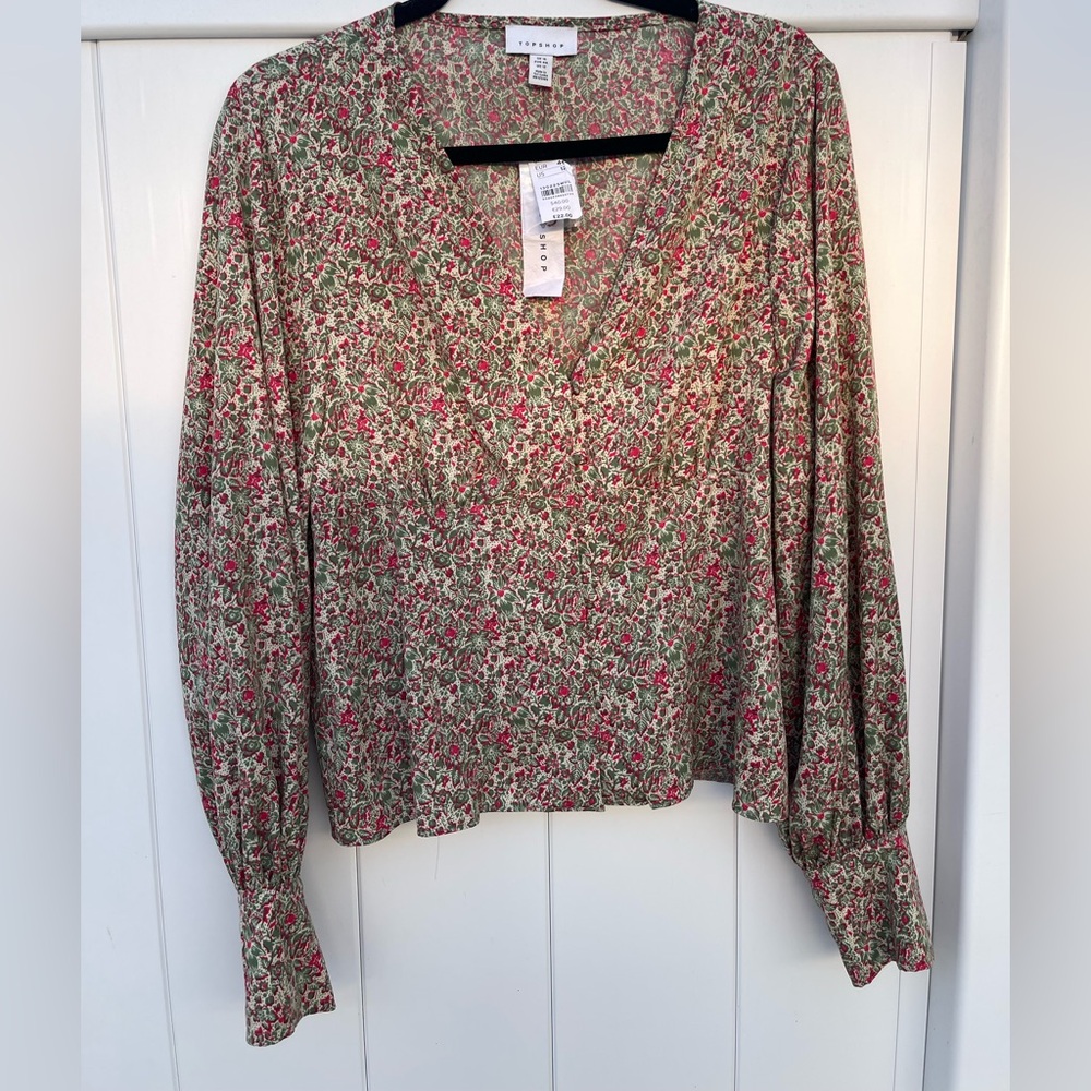 Topshop Floral V-Neck Pink Green Balloon Sleeves Button Down Top Size 12 NWT